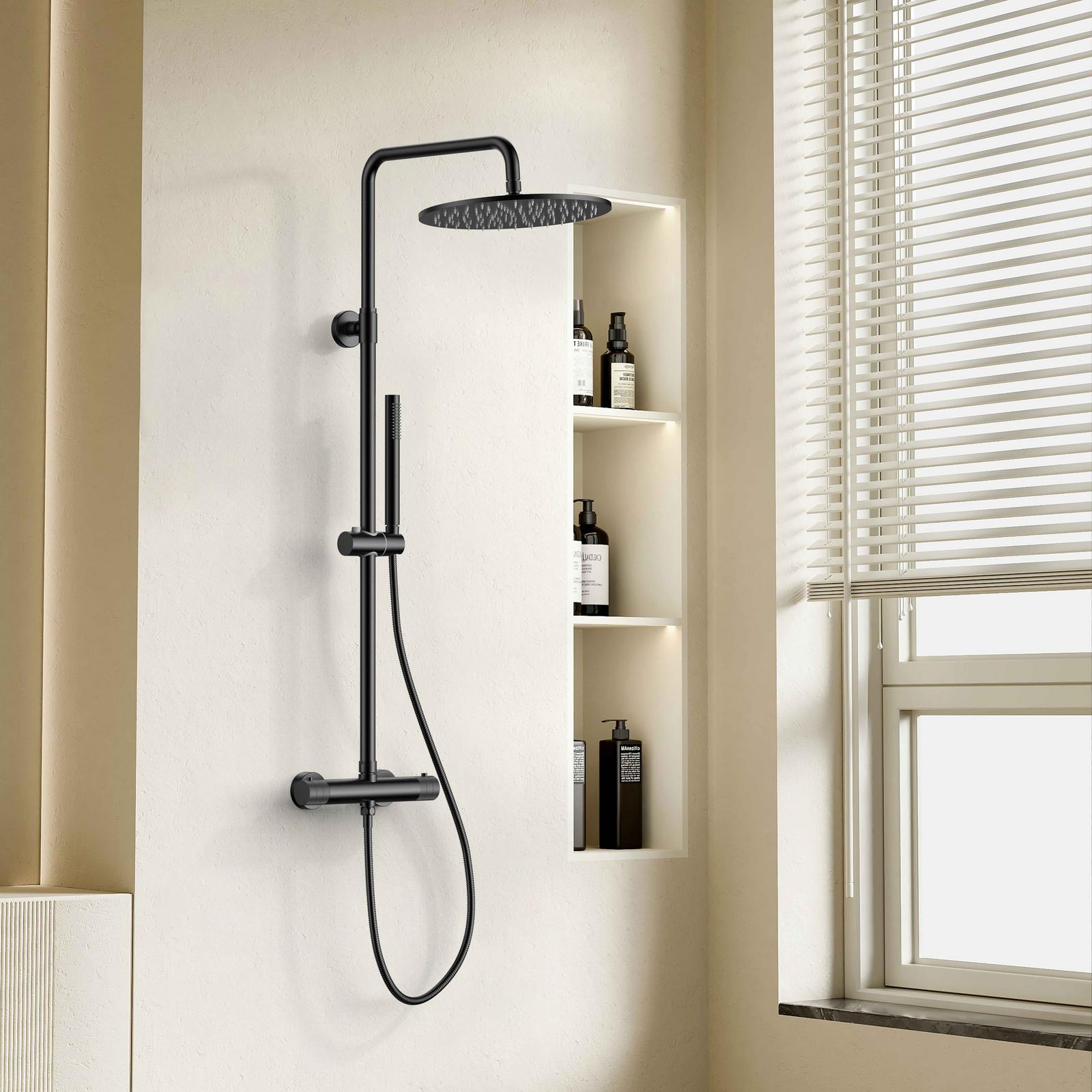 Stria Regendoucheset Thermostatisch Mat Zwart - 30 cm Hoofddouche PVD Opbouw Belgaqua - Afbeelding 3